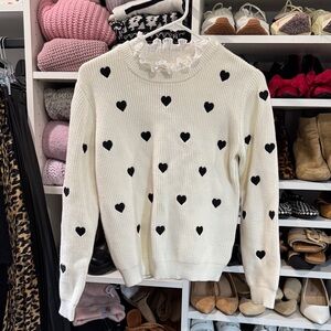 Anthropologie Cream Sweater with Black Heart Accents